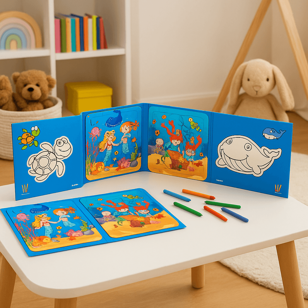 Set 2 Puzzle-uri și Carte de Colorat cu 4 Desene și 4 Carioci – Tematică Lumea Subacvatică – Activitate Educativă și Creativă pentru Copii 3+ Ani – 19.5x19.5 cm - LUDIRO