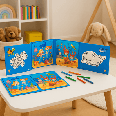 Set 2 Puzzle-uri și Carte de Colorat cu 4 Desene și 4 Carioci – Tematică Lumea Subacvatică – Activitate Educativă și Creativă pentru Copii 3+ Ani – 19.5x19.5 cm - LUDIRO