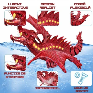Dragon Interactiv de Apă cu Telecomandă, Funcție Stropire, Lumini, Acumulator Reîncărcabil, 43 cm, Jucărie Piscină, Rosu - LUDIRO