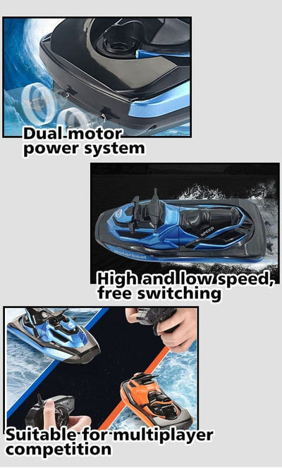 Barca cu Telecomanda, Skijet, Scara 1:47, Motor Dual, Rotatie 360 Grade, Viteza Maxima 15 km/h, Acumulator cu Incarcare USB, 22.5x9x9 Cm, Albastru, + 14 Ani - LUDIRO