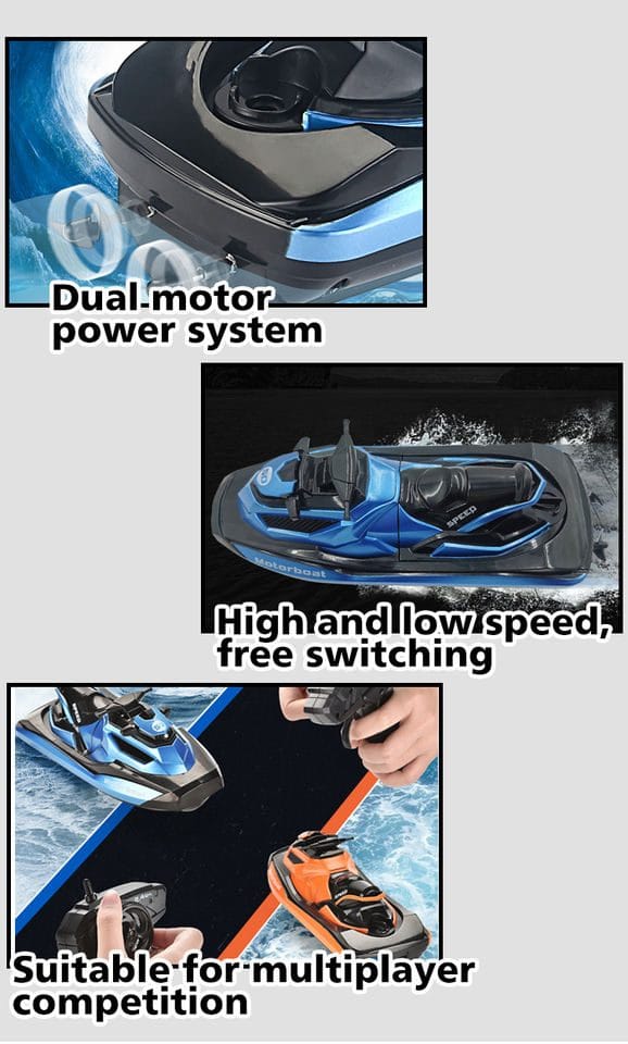 Barca cu Telecomanda, Skijet, Scara 1:47, Motor Dual, Rotatie 360 Grade, Viteza Maxima 15 km/h, Acumulator cu Incarcare USB, 22.5x9x9 Cm, Albastru, + 14 Ani - LUDIRO