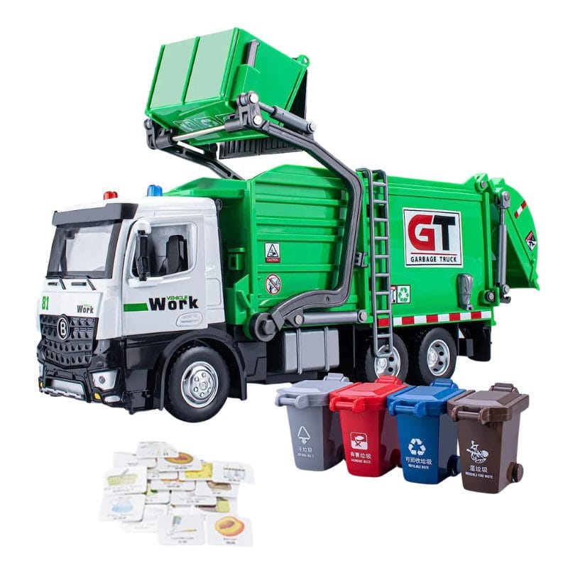 Camion de Gunoi din Metal cu Sunete si Lumini, Cosuri de Reciclare si Joc Educativ de Sortare a Deseurilor, Incurajeaza Responsabilitatea Ecologica, Cu Mecanism de Incarcare Functional, + 3 Ani - LUDIRO
