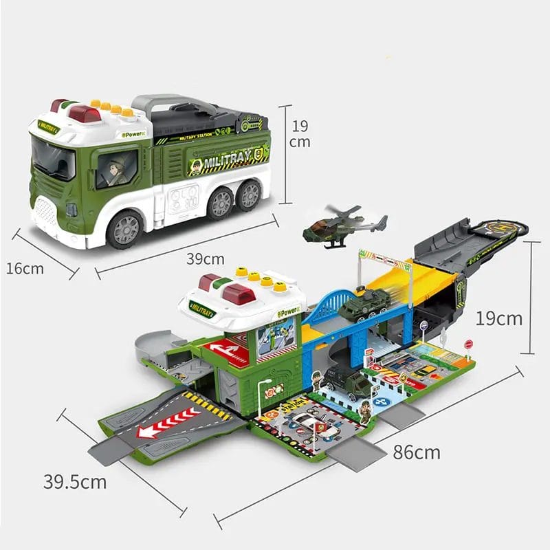 Set de Joaca Camion 2 in 1 Transformabil in Vehicul Militar, cu Masini, Elicopter, Rampa si Sunete Realiste, Jucarie Educativa pentru Copii, Stimuleaza Invatarea prin Joaca,+ 3 Ani - LUDIRO