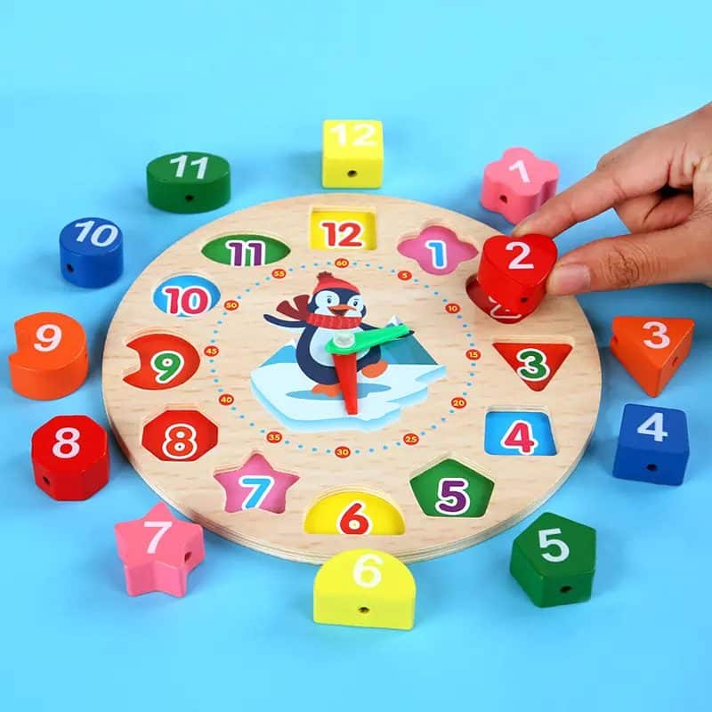 Ceas Educativ din lemn pentru Copii, Cifre Detasabile, Puzzle si Joc de Snuruit, Pinguin, + 3 Ani - LUDIRO