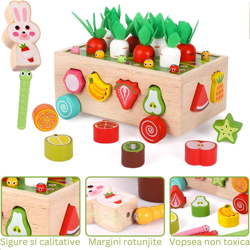 Set Educativ din Lemn cu Multiple Functii, Cutie cu Roti, Sortare si Potrivire, Magnetic, 21.5x16x9 Cm, + 1 An, Utility One - LUDIRO
