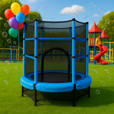 Resigilat - Trambulina pentru Copii LUDIRO, Diametru 140 Cm, Inaltime 160 Cm, Cu Plasa de Siguranta, Suporta 100 kg, Interior sau Exterior, Pentru Dezvoltarea Echilibrului, Albastra, + 3 Ani - LUDIRO