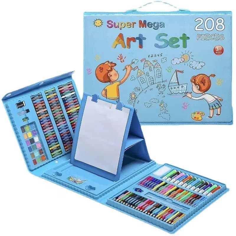 Set Pictura si Desen pentru Copii, 208 Piese, Suport Foaie Desen, Stimuleaza Creativitatea si Invatarea prin Joaca, Culori Vii, Albastru, + 3 Ani - LUDIRO