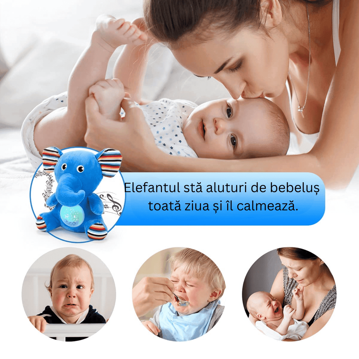 Jucarie de Plus, Elefant, Efecte de Proiectie, Lumini si Sunete pentru Bebelusi, Diferite Functii, 29 Cm, + 0 Luni - LUDIRO