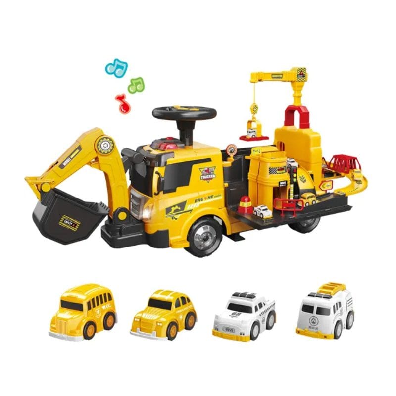 Camion 4 in 1 cu Functie Ride-On, Circuit Interactiv si Macara, Jucarie Educativa pentru Copii cu Volan Multifunctional, Lumini si Sunete, + 3 Ani - LUDIRO