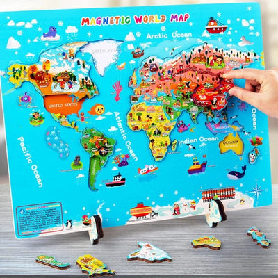 Puzzle Educativ Magnetic din Lemn, Harta Lumii, Invatare Interactiva pentru Copii peste 3 Ani, 143 Piese, 44.2x34.7 Cm - LUDIRO