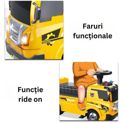 Camion 4 in 1 cu Functie Ride-On, Circuit Interactiv si Macara, Jucarie Educativa pentru Copii cu Volan Multifunctional, Lumini si Sunete, + 3 Ani - LUDIRO