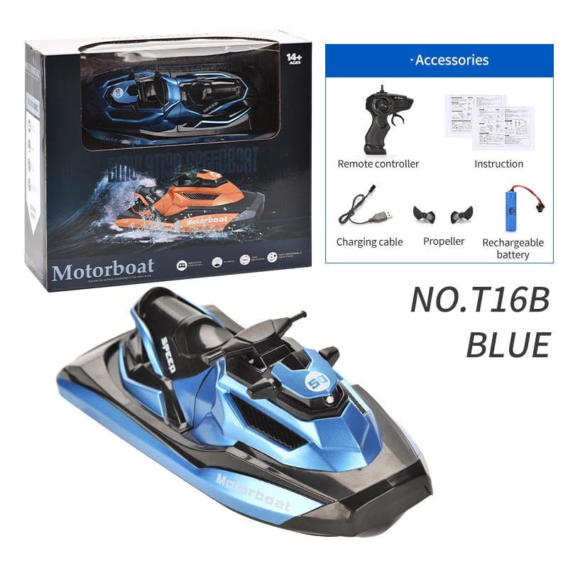 Barca cu Telecomanda, Skijet, Scara 1:47, Motor Dual, Rotatie 360 Grade, Viteza Maxima 15 km/h, Acumulator cu Incarcare USB, 22.5x9x9 Cm, Albastru, + 14 Ani - LUDIRO