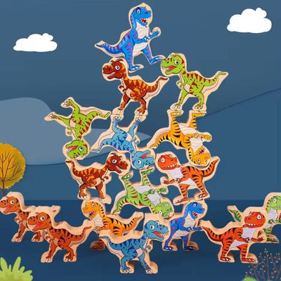 Set jucarii Educationale din Lemn, Dinozauri de Stivuit pentru Copii, Stimuleaza Creativitatea, Echilibrul si Abilitatile Motorii Fine, + 3 Ani - LUDIRO