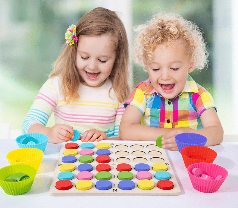 Joc Educativ din Lemn Montessori, Pentru Memorie, Sortare si Potrivire a Culorilor, 48 Piese, 23x5x24 cm, + 3 Ani - LUDIRO