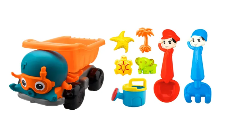 Resigilat - Set Jucarii pentru Plaja si Nisip, 8 Piese, Camion Caracatita, 2 Lopeti, Stropitoare, 4 Forme, Multicolor, 29x18x18 Cm, + 3 Ani