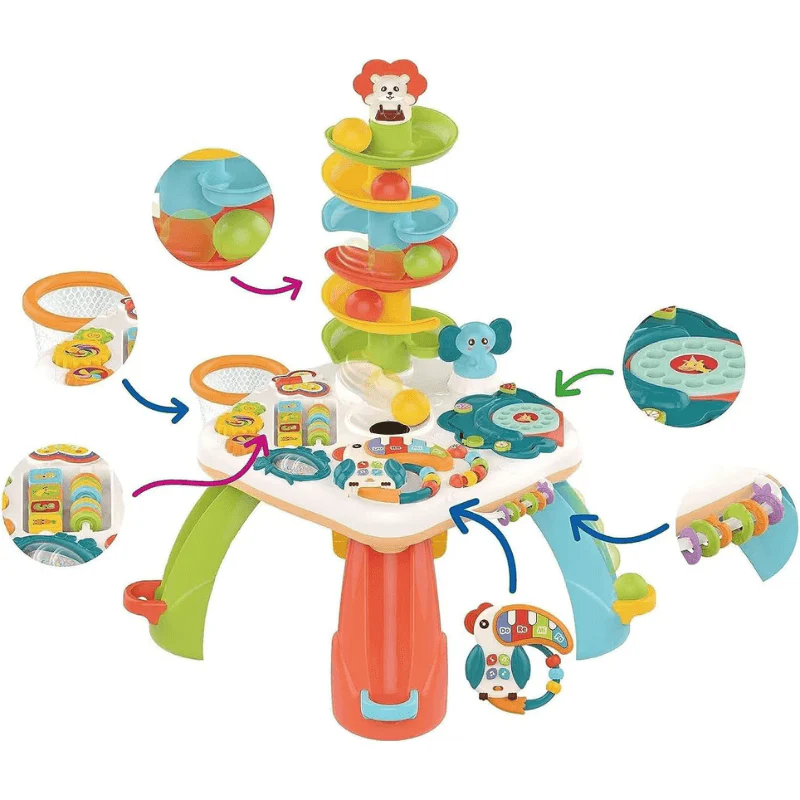 Pachet Jucării Educative Copii – Măsuță Educativă Multifuncțională cu Pian, Bile, Sunete + Covor Puzzle Harta Orașului + Set 48 Markere Profesionale | 3–4 ANI - LUDIRO