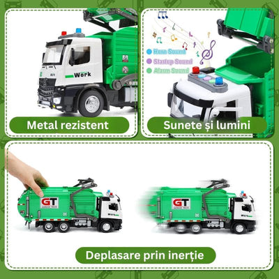 Camion de Gunoi din Metal cu Sunete si Lumini, Cosuri de Reciclare si Joc Educativ de Sortare a Deseurilor, Incurajeaza Responsabilitatea Ecologica, Cu Mecanism de Incarcare Functional, + 3 Ani - LUDIRO