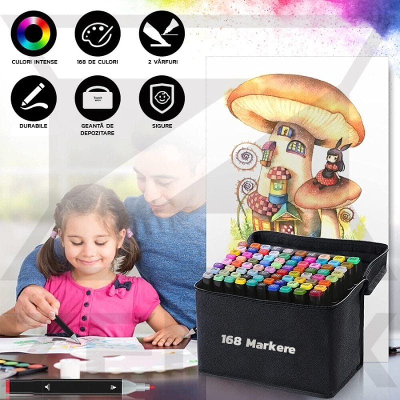 Set 168 Markere Profesionale, Culori Multicolore Vibrante cu Cerneala pe Baza de Alcool, Cu Doua Capete, Subtire si Gros, Ideal pentru Copii Creativi, Stimuleaza Imaginatia si Dezvoltarea Artistica, I - LUDIRO