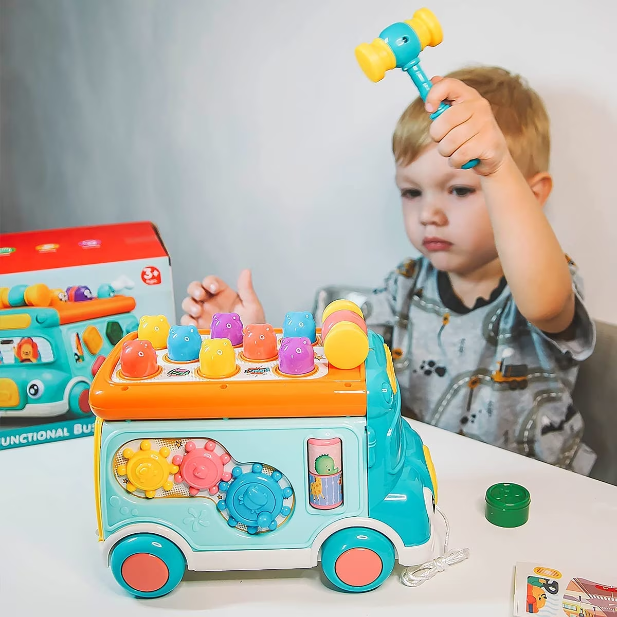 Resigilat - Jucarie Interactiva, Autobuz Multifunctional cu Activitati, 6 Functii Educative, Sunete si Lumini, 23x15x15 Cm, Albastru Portocaliu, + 3 Ani - LUDIRO