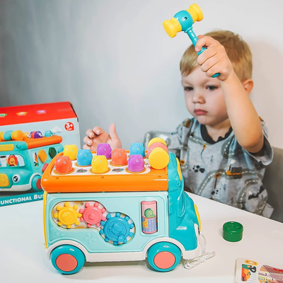 Resigilat - Jucarie Interactiva, Autobuz Multifunctional cu Activitati, 6 Functii Educative, Sunete si Lumini, 23x15x15 Cm, Albastru Portocaliu, + 3 Ani - LUDIRO