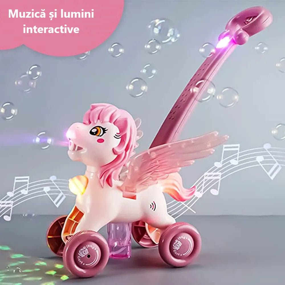 Resigilat - Jucarie Interactiva de Impins, Ponei pentru Baloane de Sapun, Aripi Mobile, Muzica si Lumini Led, Roz, 22.5x12.5x40 cm, +3 ani - LUDIRO