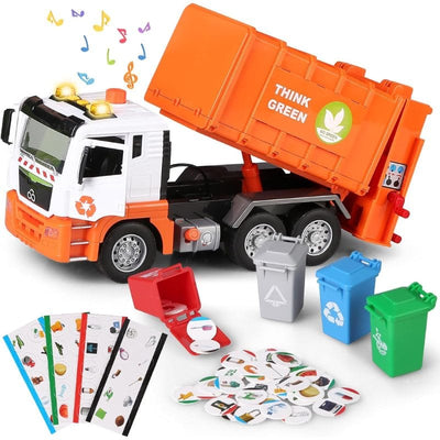 Camion de Gunoi Interactiv Pull Back cu Lumini si Sunete Realiste, Usi mobile, 4 Containere, Stimuleaza Imaginatia si Invata Despre Protectia Mediului, 31x16x10 Cm, Alb Portocaliu, +3 Ani - LUDIRO