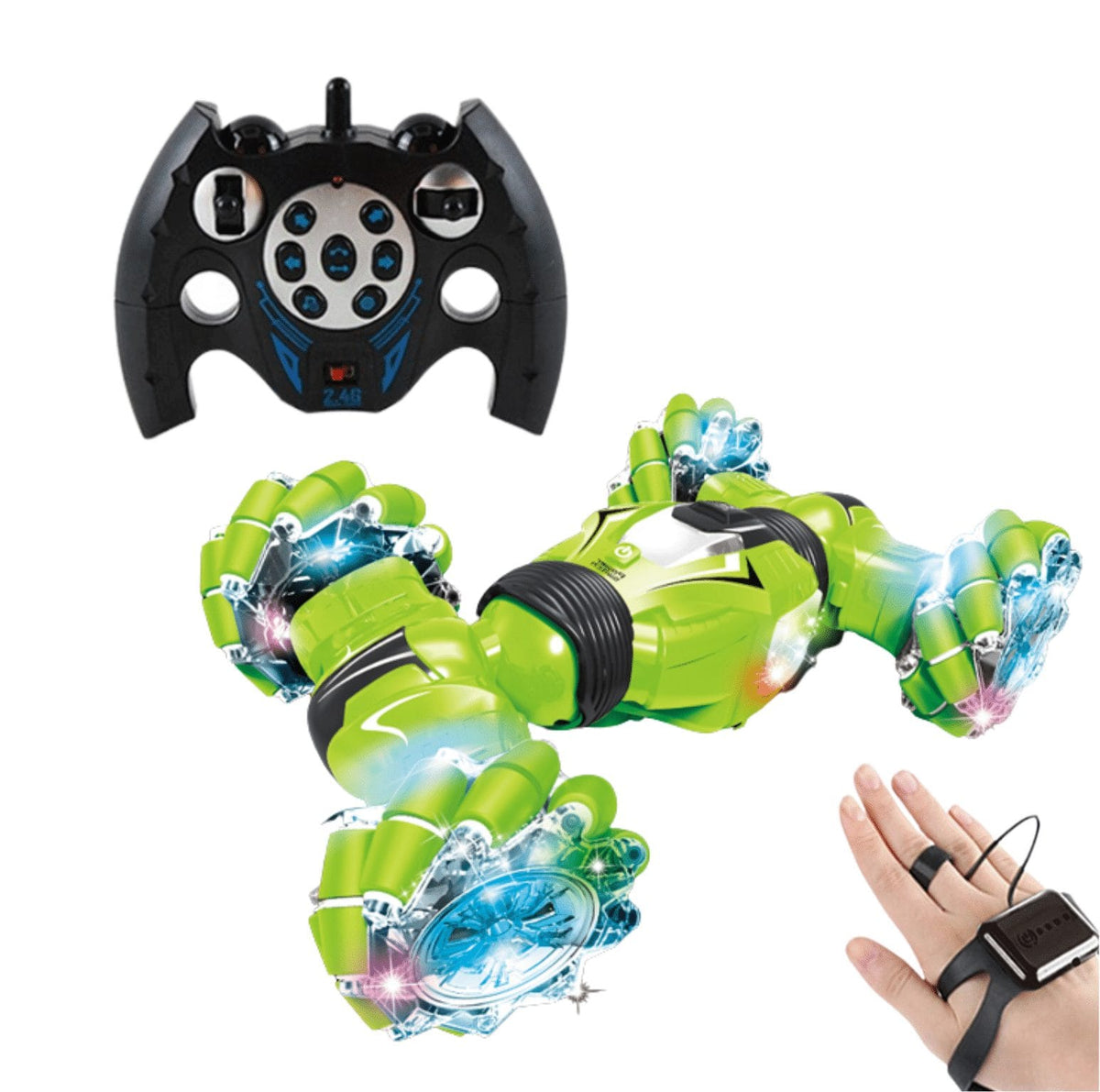 Masinuta de Cascadorii cu 2 Telecomenzi, Comanda Senzoriala prin Gesturi, 2.4 Ghz, Tractiune 4x4, Rotire 360 Grade, Lumini si Sunete Interactive, Flexibila, 1:12, Acumulator, Verde, 32x20x9 cm, + 6 An - LUDIRO