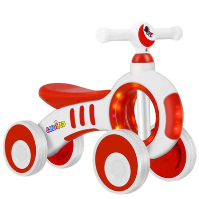 Bicicleta de Echilibru fara Pedale LUDIRO 2 in 1, 4 Roti Antialunecare, Structura Stabila, Margini Rotunjite, Lumini Colorate si Sunete Interactive, Sustine Dezvoltarea Timpurie, Alb Rosu, + 2 Ani - LUDIRO