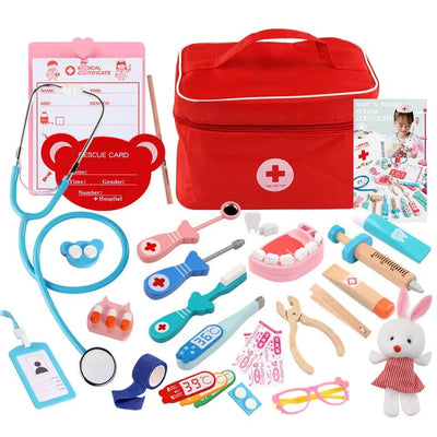 Trusa Medicala din Lemn, Accesorii Dentare, Termometru, Stetoscop, Seringa, Mulaj Dentar, Set Creativ si Interactiv, Geanta Depozitare, Rosu, + 3 Ani - LUDIRO