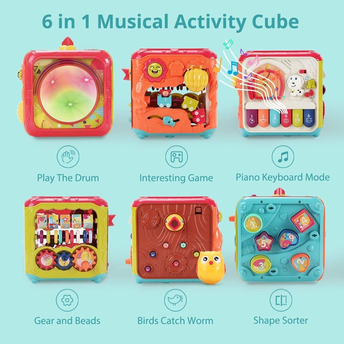 Jucarie Interactiva pentru Bebelusi, Cub Activitati 6 in 1, Muzica si Lumini, Multifunctional, 20x20x20 cm, + 3 Luni - LUDIRO