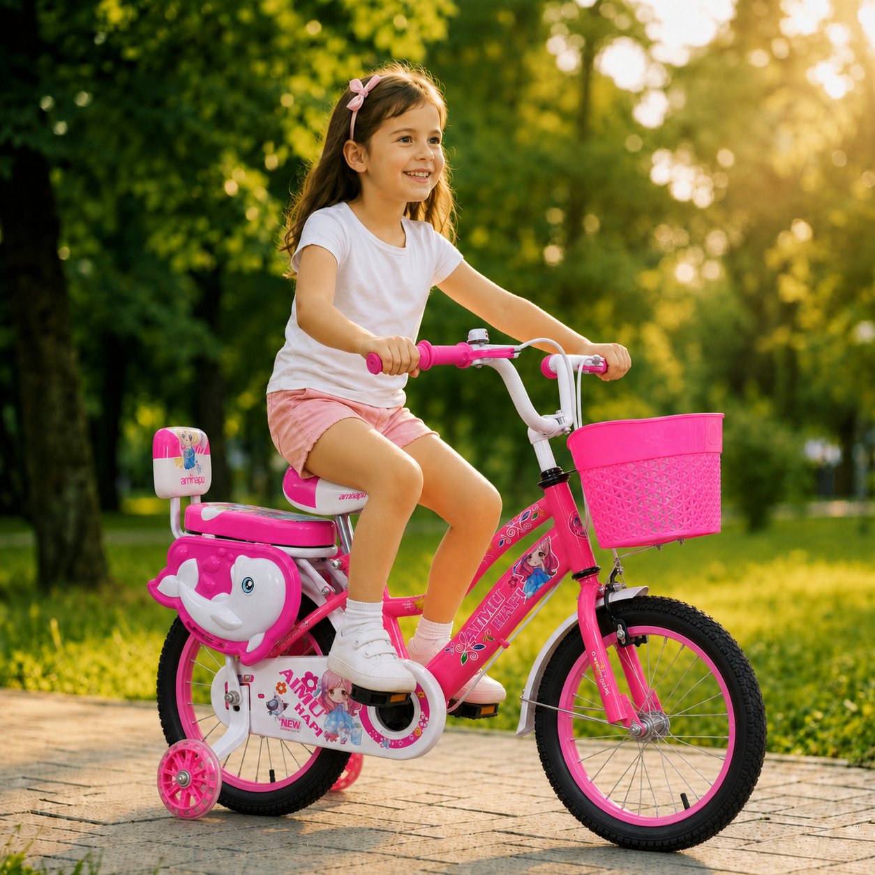 Fetiță în parc pe bicicleta Delfin 16 inch roz cu coș și scaun spate