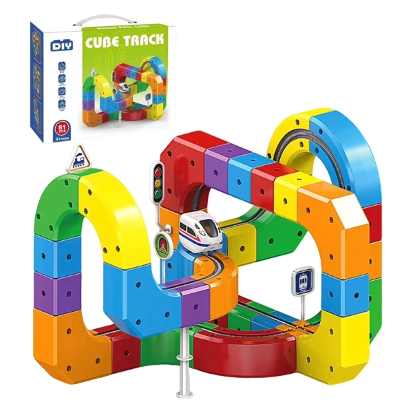 Circuit Trenuleț Electric 3D, Set Construcție Interactiv Cube Track, 81 Piese, Tren cu Acumulator USB și Lumini, Semne de Circulație, +3 Ani - LUDIRO