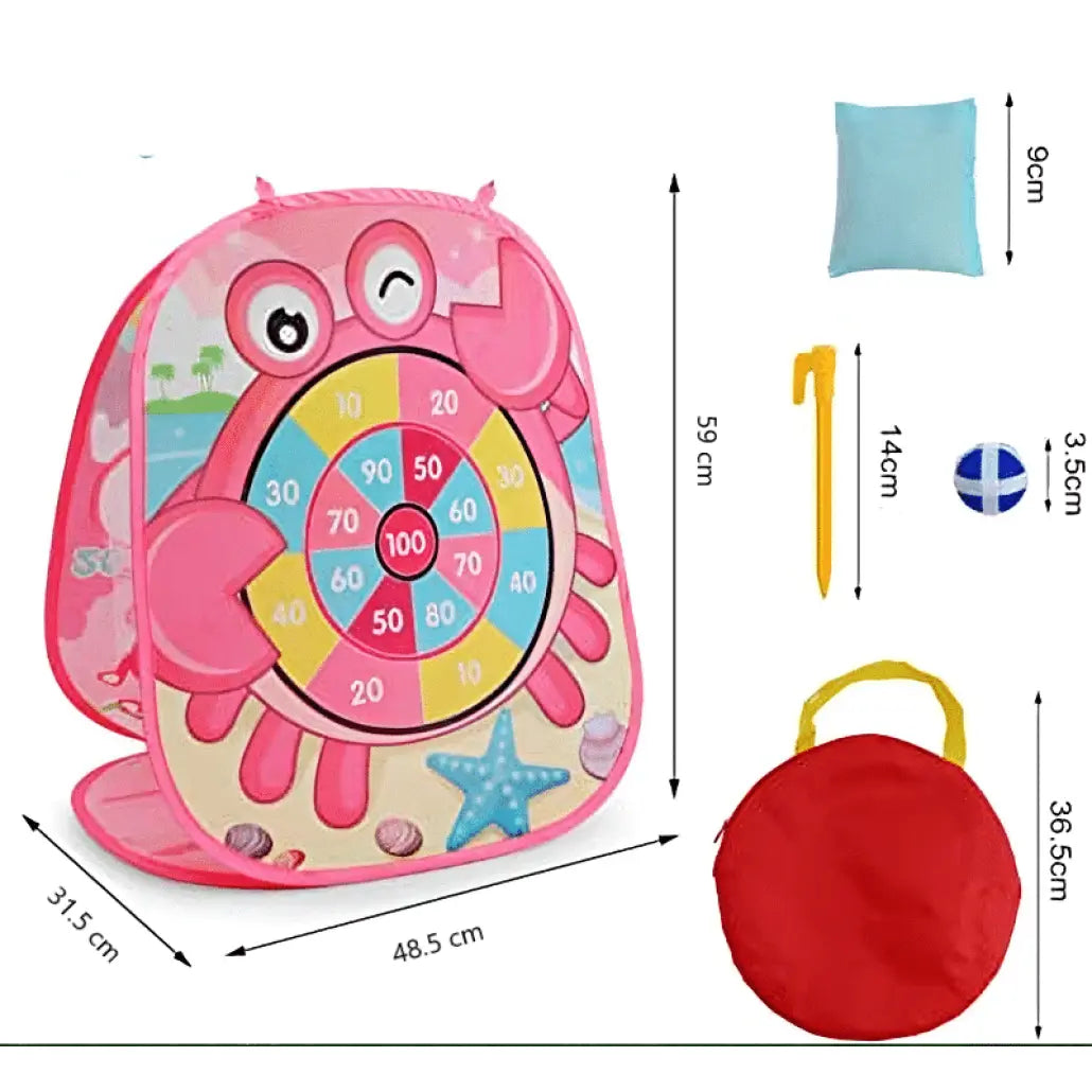 Joc Interactiv 3 în 1 pentru Copii – Țintă Darts cu Bile cu Scai, Pernuțe de Aruncat în Gaură, Bean Bags pentru X și 0, Pliabil cu Husă și Accesorii Fixare, 59x31.5x48.5 cm, Model Crab Roz - LUDIRO