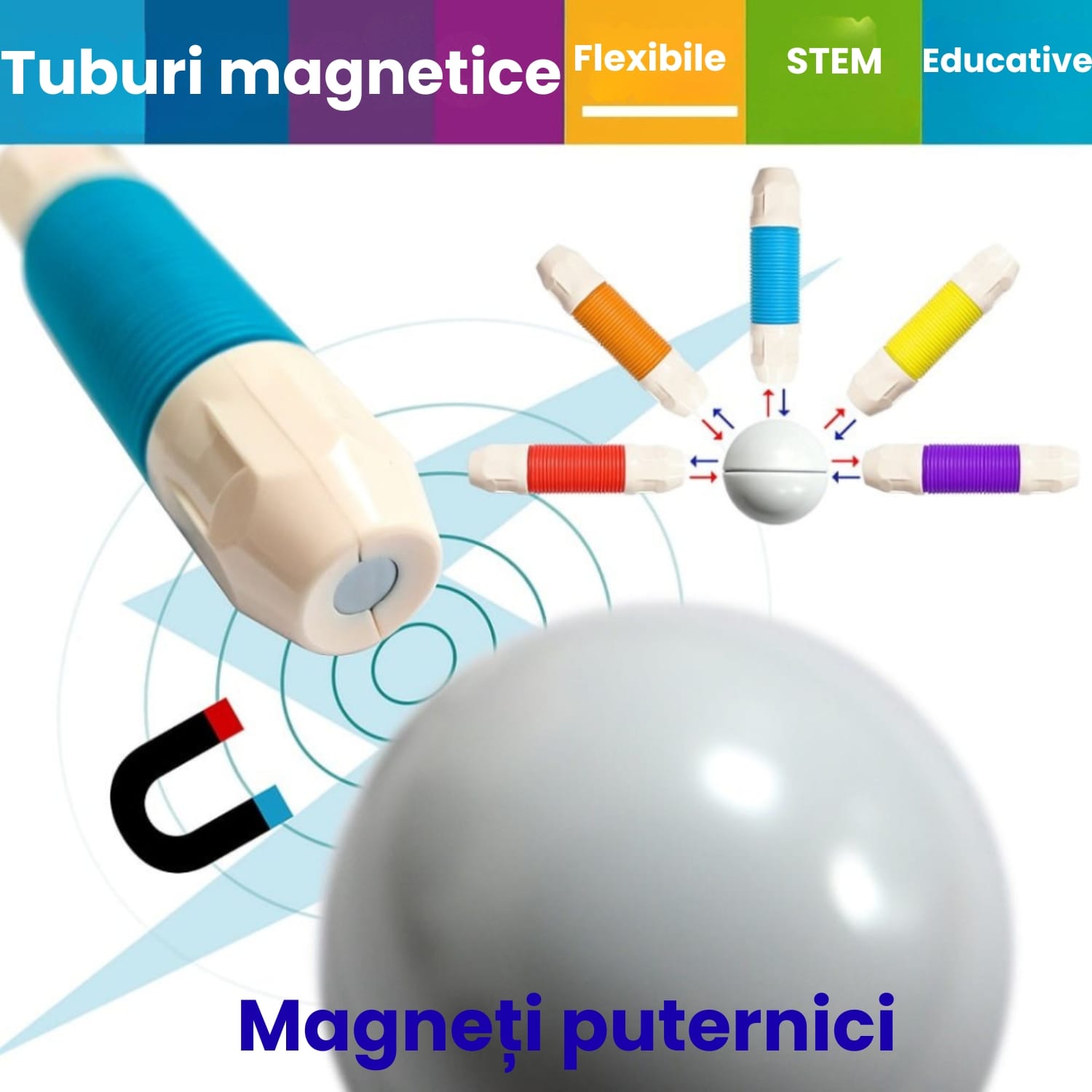 Set Construcție 3D Magnetic și Flexibil Ludiro, 108 Piese Telescopice, Jucărie STEM Educativă 3+ Ani - LUDIRO