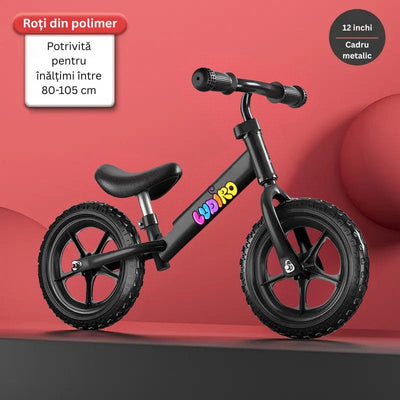 Bicicleta de Echilibru fara Pedale LUDIRO pentru Copii intre 2-5 Ani, Reglabila pe Inaltime, Rotire Ghidon 360 Grade, Roti din Polimer Antisoc Diametru 30 Cm, Cadru Metalic, Negru - LUDIRO