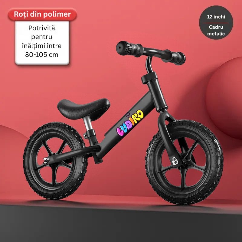 Bicicleta de Echilibru fara Pedale LUDIRO pentru Copii intre 2-5 Ani, Reglabila pe Inaltime, Rotire Ghidon 360 Grade, Roti din Polimer Antisoc Diametru 30 Cm, Cadru Metalic, Negru - LUDIRO