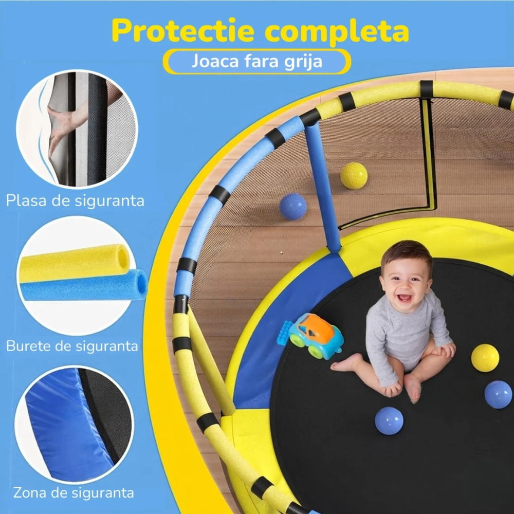 Resigilat - Trambulină pentru copii 8 în 1, Diametru 140 cm, cu plasă de siguranță, hamac, inele și coș de baschet, pentru interior și exterior, Certificare de Siguranta - LUDIRO