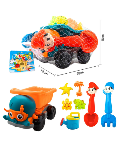 Resigilat - Set Jucarii pentru Plaja si Nisip, 8 Piese, Camion Caracatita, 2 Lopeti, Stropitoare, 4 Forme, Multicolor, 29x18x18 Cm, + 3 Ani