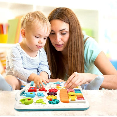 Masuta Educativa cu Activitati Montessori 2 in 1, Jucarie Muzicala, Lampa LED, Prajitor de Paine, Pian, Numere, Culori si Forme, Elemente Mobile, Volum Reglabil, + 1 An - LUDIRO