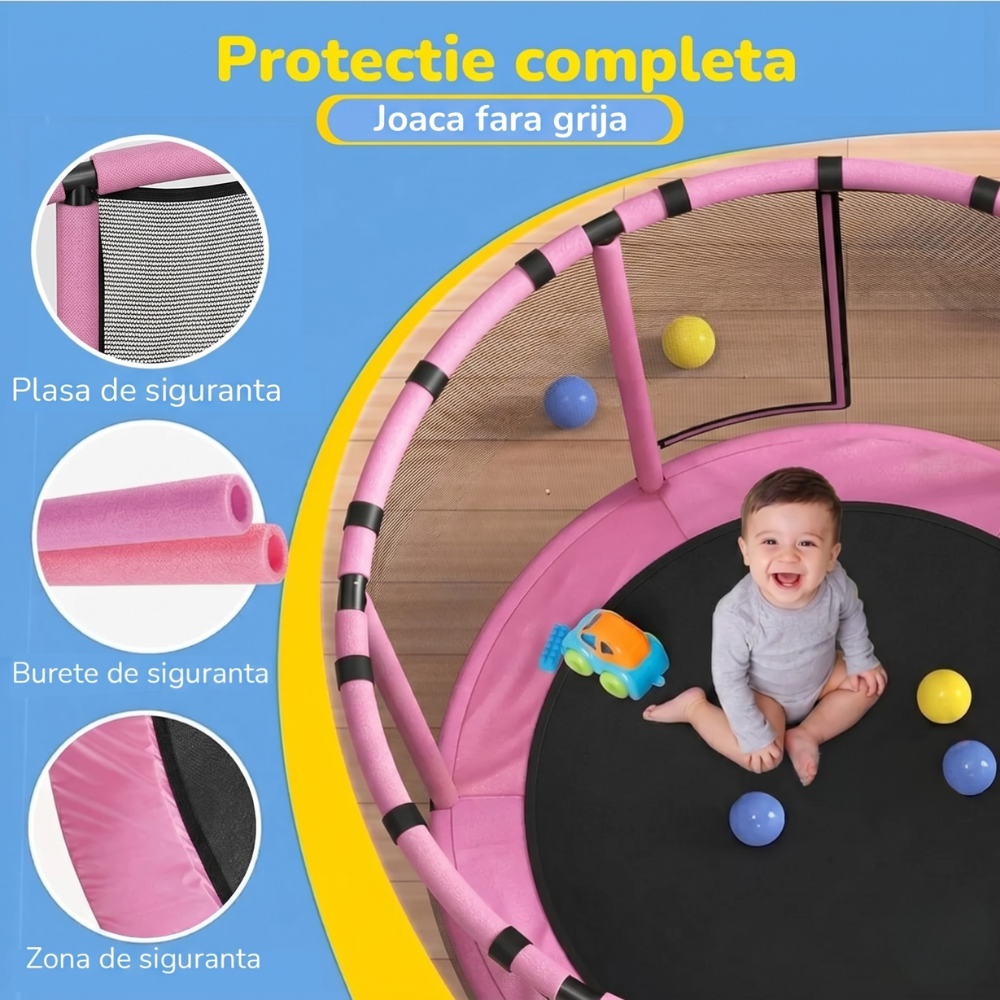 Resigilat - Trambulină pentru copii 8 în 1, Diametru 140 cm, cu plasă de siguranță, hamac, inele și coș de baschet, pentru interior și exterior, Certificare de Siguranta, Roz