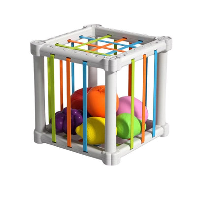 Jucarie Educativa pentru Bebelusi, Cub Elastic cu Fructe, 6 Forme din Plastic Multicolor, Dezvoltare Abilitati Motorii si Cognitive pentru Copii Mici, 11.5x11.5x11.5 Cm, + 1 An - LUDIRO