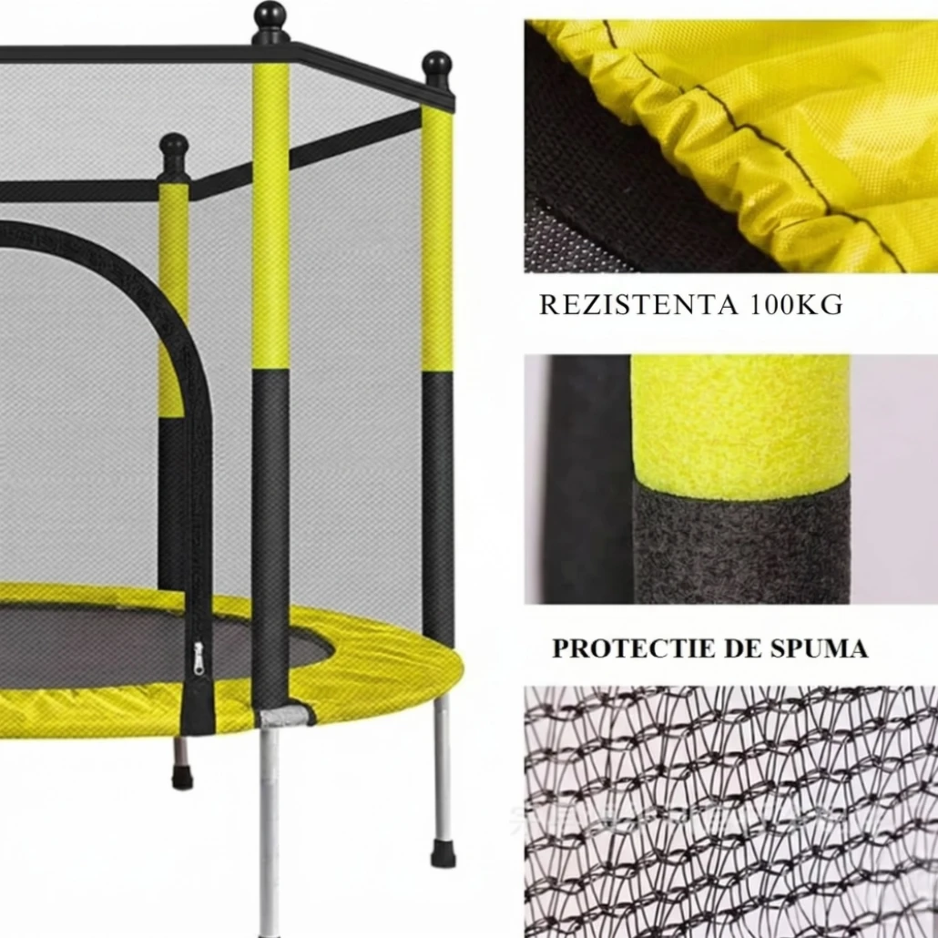 Trambulina pentru Copii 140 Cm cu Plasă de Protecție, Interior și Exterior, 1–6 ani, Montaj cu Buton de Blocare, Certificare de Siguranta, Galben - LUDIRO