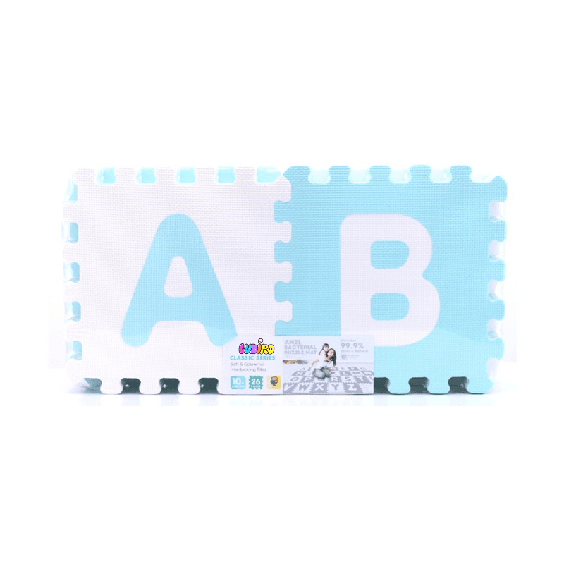 Covor Puzzle Antibacterian LUDIRO cu Litere A-Z, 26 Piese 32x32 cm, Spuma EVA cu Ioni de Argint, Alb Bleu - LUDIRO