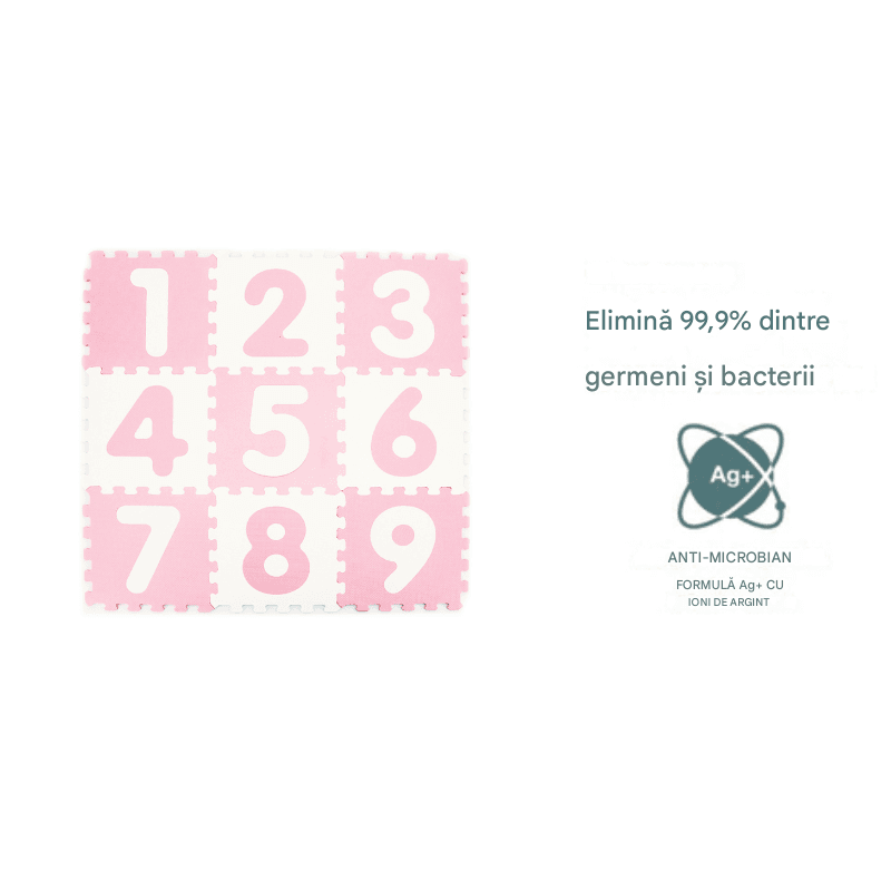 Covor Puzzle Antibacterian cu Cifre 1-9, 9 Piese 32x32 cm, Spuma EVA cu Ioni de Argint, Alb Roz - LUDIRO