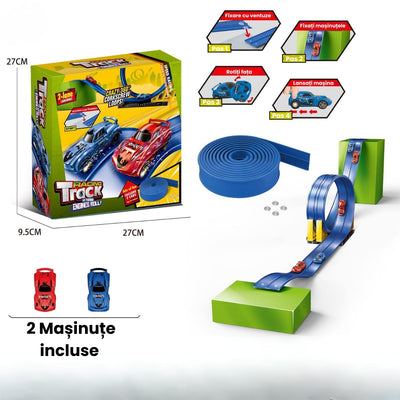 Pistă Auto Flexibilă pentru Copii, 2 Benzi, Bucle 360°, Prindere Ventuze, Interior și Exterior, 2 Mașinuțe Incluse, Vârsta 3+ - LUDIRO