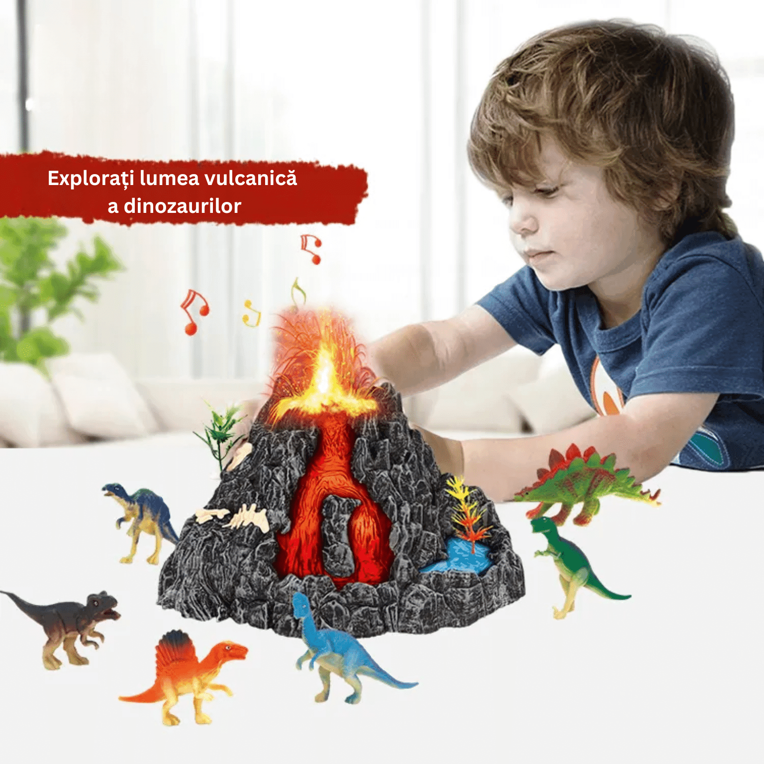 Set Interactiv Vulcan, 6 Dinozauri, Functie Eruptie cu Abur, Lumini Led, Sunete Realiste, Material Rezistent 18x17x11 Cm, +3 Ani - LUDIRO