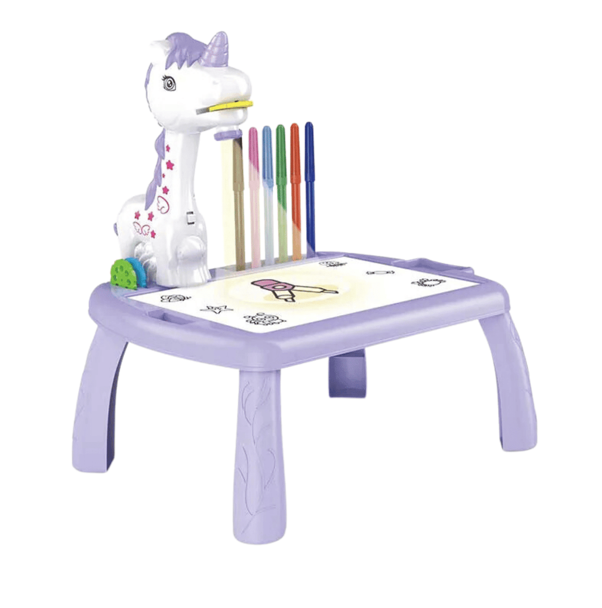 Set Masuta pentru Desen cu Proiector Holografic si Accesorii, 3 Discuri cu 24 Modele, Unicorn, 12 Carioci, Mov, 32x29.5x23 Cm, + 3 Ani - LUDIRO
