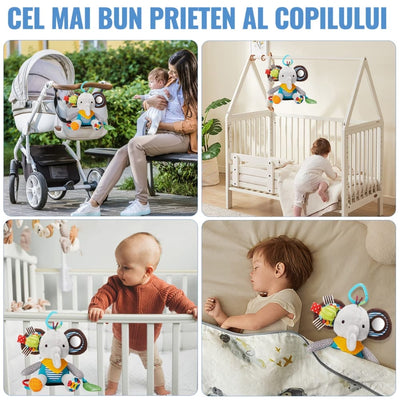 Jucărie de Pluș Interactivă Elefant pentru Bebeluși, Senzorială, Dentiție, Agățătoare, 0+ Luni - LUDIRO