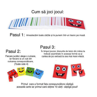 Set 16 Cuburi de Constructie din Lemn, 4 Jucatori, 64 Posibilitati cu Cartonase, Imita Expresii Faciale si Emotii, +3 Ani - LUDIRO