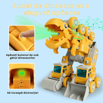 Dinozaur Transformabil 5 in 1 cu Vehicule de Constructii STEM, Sunete si Lumini - LUDIRO
